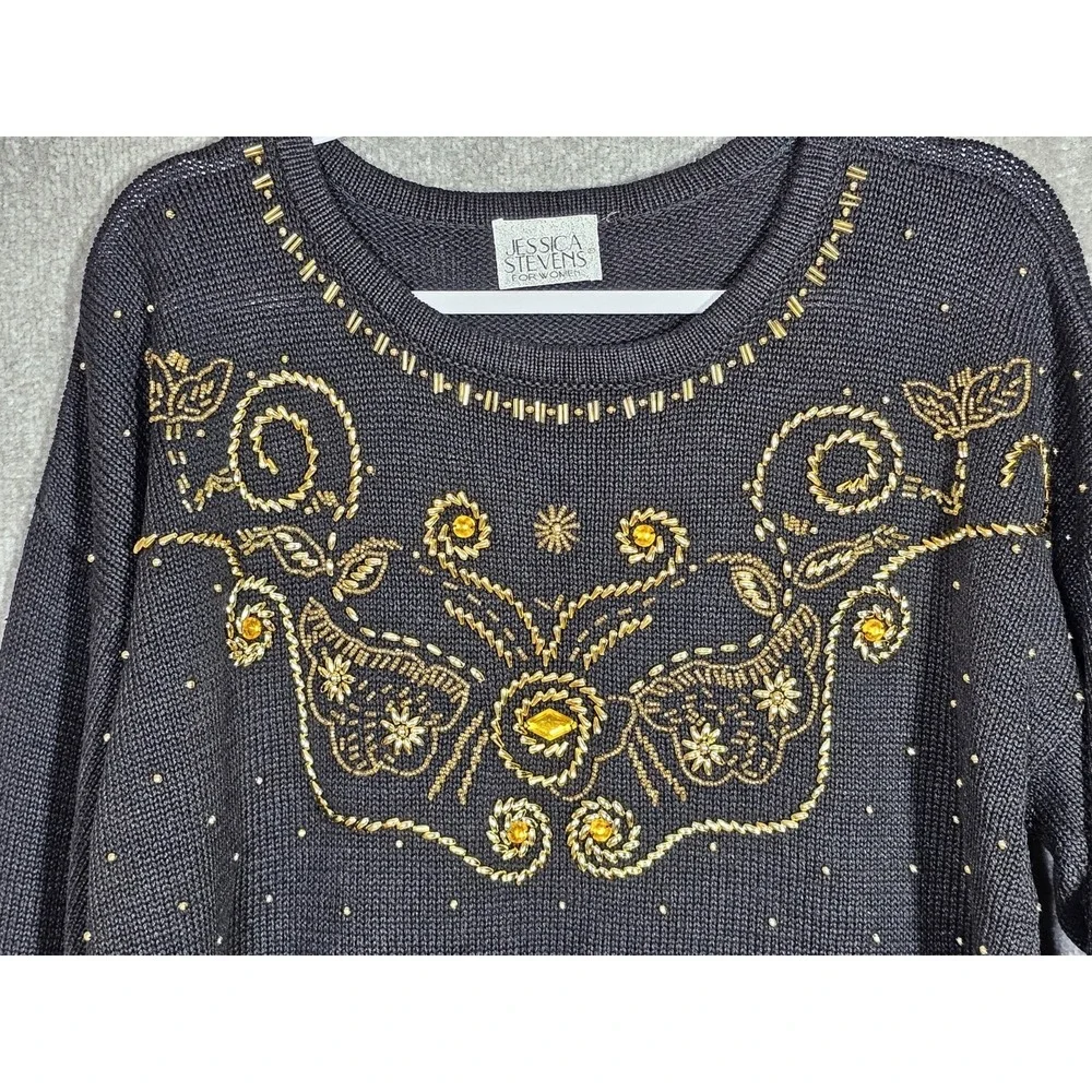 Vintage‎ Jessica Stevens Tunic Sweater Womens Size Medium Black Gold Beaded Art